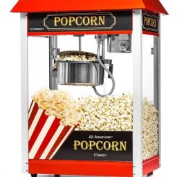 Nikolandia - Automat do popcornu w stylu retro, z napisem 'Popcorn' i czerwono-białym kubkiem, wypełniony świeżym popcornem. Idealny na imprezy i wydarzenia.