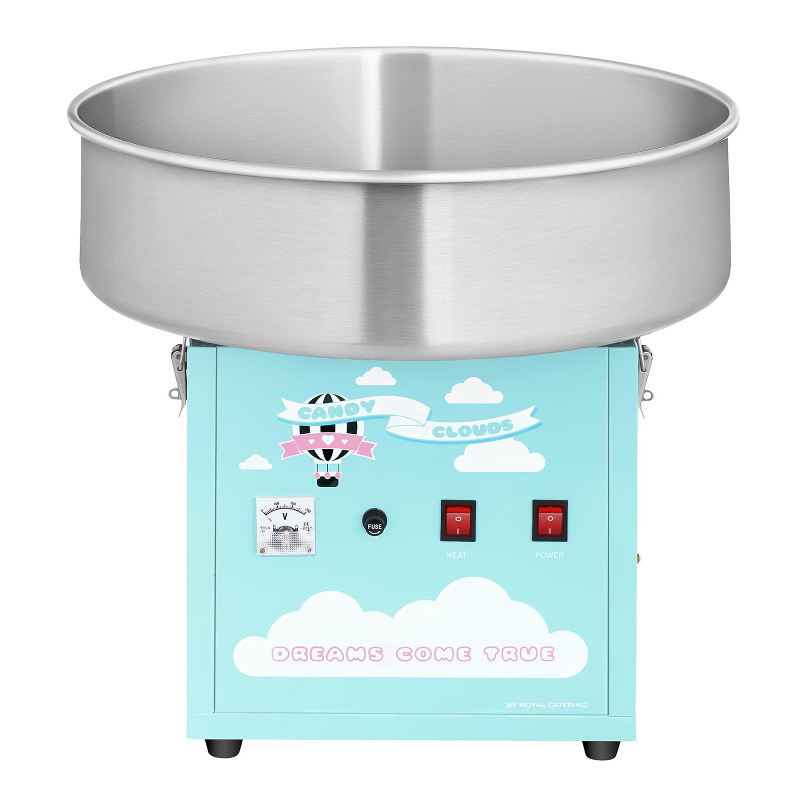 Profesjonalna maszyna do waty cukrowej w pastelowych kolorach, z napisem 'Candy Clouds' i 'Dreams Come True'. Widoczny metalowy pojemnik i panel sterowania.