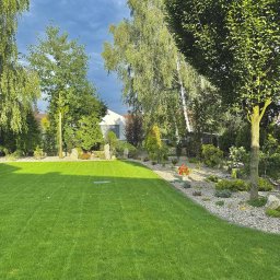 Brun-Ogród Bruno Wojciechowski - Zadbany trawnik z równo przystrzyżoną trawą, otoczony ozdobnymi drzewami i krzewami. W tle widoczny nowoczesny dom z szarymi elementami. Słoneczny dzień.