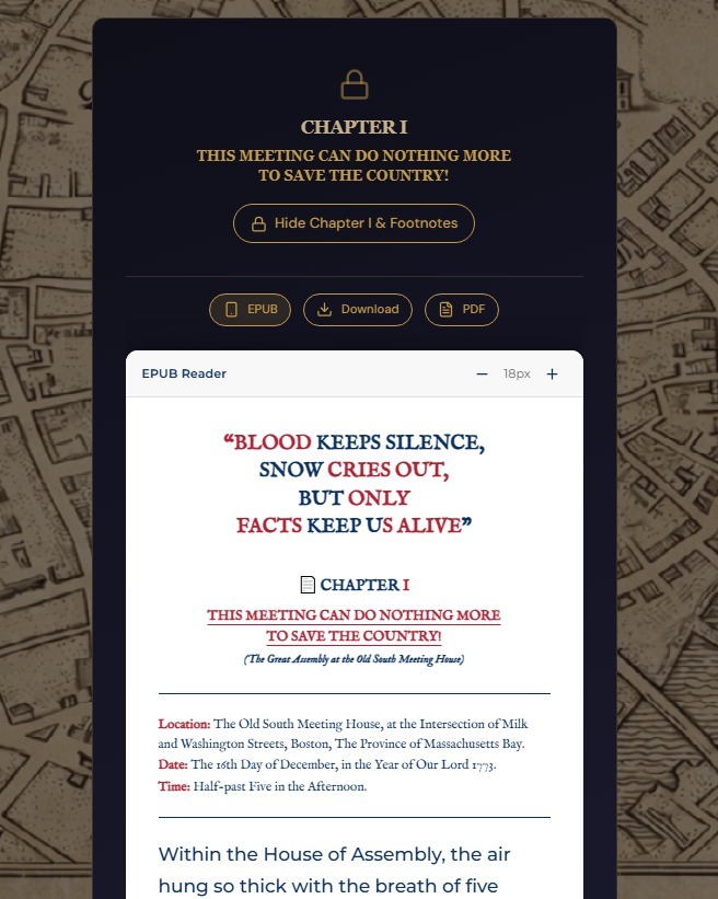 Czytnik EPUB zintegrowany z systemem płatności i dostarczaniem kodów dostępu. Widok strony z tekstem historycznym i opcjami pobrania w formatach EPUB, PDF.