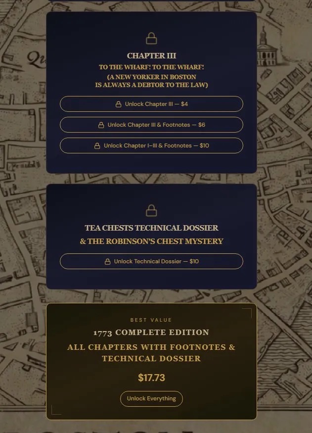 Interfejs sklepu online z produktami cyfrowymi: rozdziały książki i dossier techniczne do odblokowania. Ciemne tło z mapą. Oferta specjalna na pełną edycję.