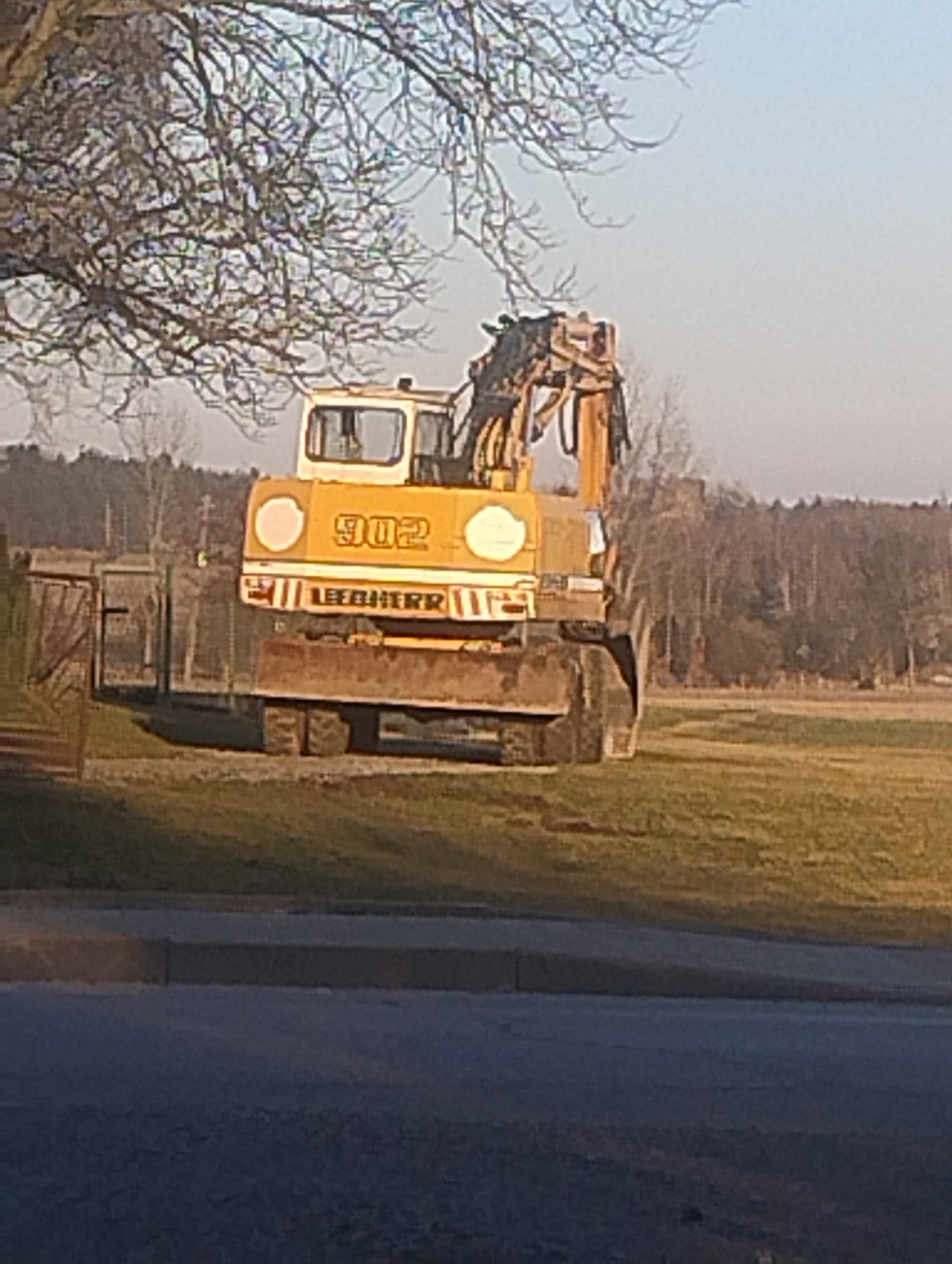 Żółta koparka Liebherr 902 na trawiastym terenie, widok z przodu, drzewo z lewej strony kadru. W tle las i błękitne niebo.