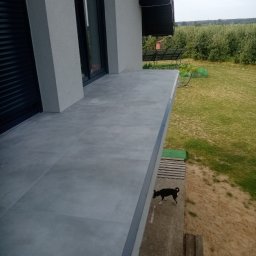 PAWEX - Szare płytki na balkonie nowoczesnego domu z widokiem na zieleń. Mały czarny pies stoi na krawędzi balkonu. Widoczne panele słoneczne w oddali.