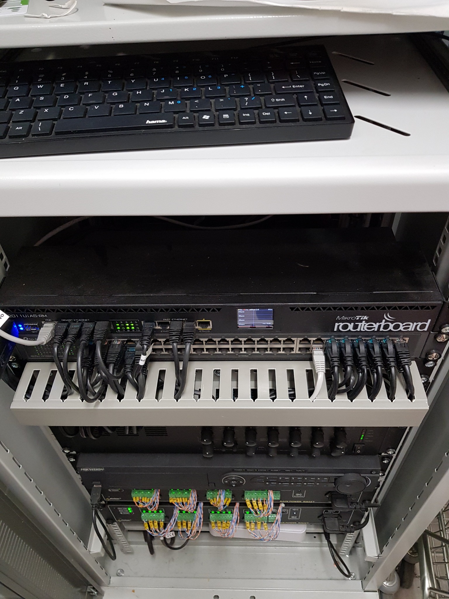 Szafa rack z routerem Mikrotik, switchem i rejestratorem Hikvision. Widoczne kable Ethernet i złącza. U góry klawiatura Hama. Sprzęt sieciowy w metalowej obudowie.