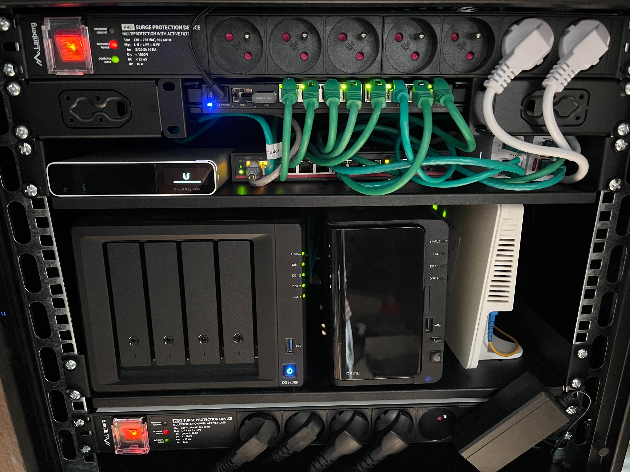 Szafa rack z urządzeniami sieciowymi: router, serwery NAS (Synology DS920+, DS216), listwa zasilająca Lanberg. Widoczne kable Ethernet i zasilające. Zielone diody sygnalizują pracę.