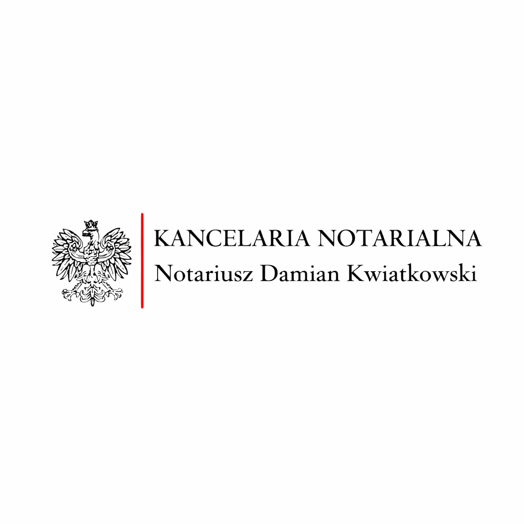 Logo Kancelarii Notarialnej Notariusza Damiana Kwiatkowskiego z godłem Polski i pionową czerwoną linią po lewej stronie tekstu, na białym tle.