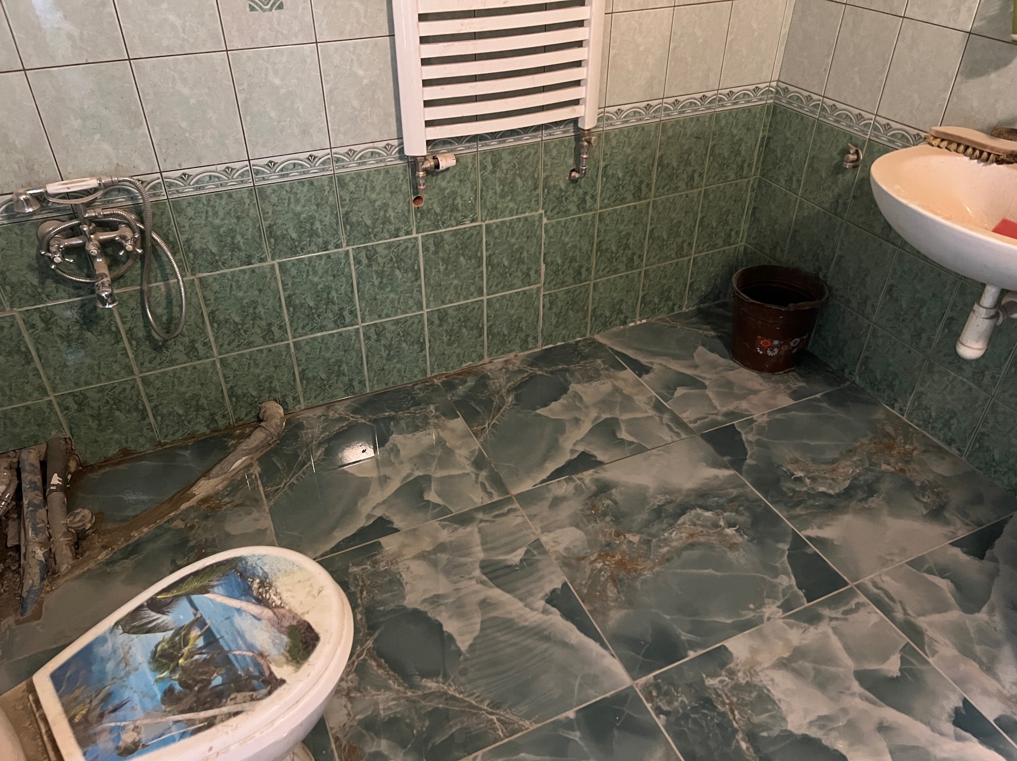 Łazienka w trakcie remontu: zielone płytki, grzejnik drabinkowy, umywalka i toaleta z motywem plaży. Widoczne rury i wiadro, sugerujące prace instalacyjne.