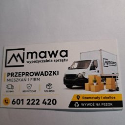 Waldemar Malęgowski - Wizytówka firmy oferującej usługi relokacyjne i wywóz odpadów w Szamotułach, z grafiką białego busa dostawczego i kartonów.