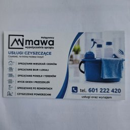 Waldemar Malęgowski - Wizytówka firmy Mawa Małęgowscy z ofertą usług czyszczących: domów, biur, okien, po remontach. Na grafice niebieskie wiadro ze środkami i akcesoriami do czyszczenia.