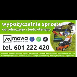 Waldemar Malęgowski - Grafika reklamowa wypożyczalni sprzętu ogrodniczego i budowlanego, prezentująca kosiarkę, traktorek, rębaki i siewnik na tle zielonego trawnika. Wymieniono też inne narzędzia.
