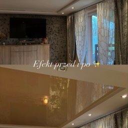 StretchDom-sufity napinane - Efekt 'przed i po' prezentujący montaż błyszczącego sufitu napinanego w salonie z oknem i telewizorem. Górna część zdjęcia pokazuje sufit przed montażem.