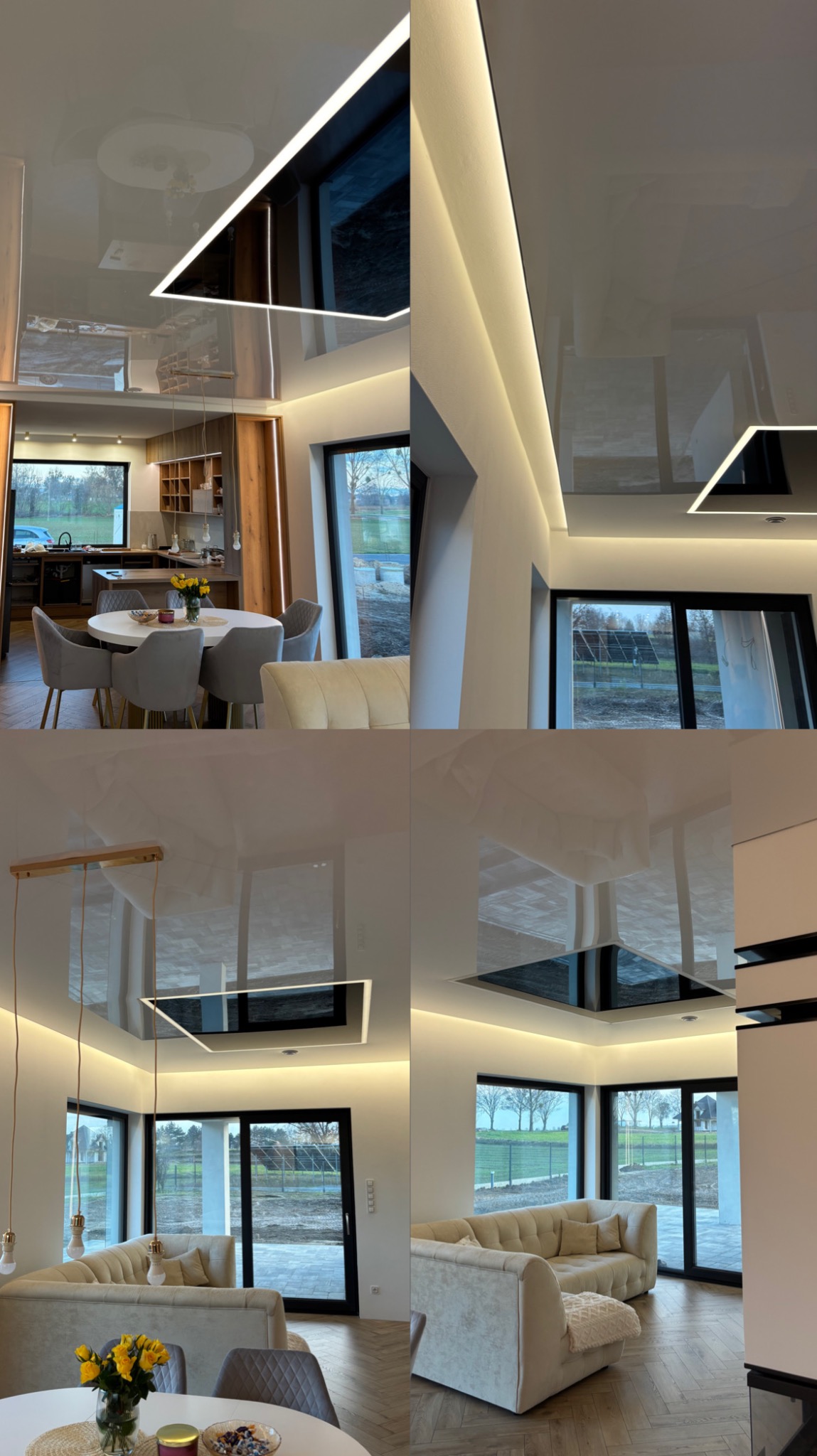 Nowoczesny salon z błyszczącym sufitem napinanym, oświetleniem LED i dużymi oknami. Widok na zewnątrz z elementami wyposażenia wnętrza.