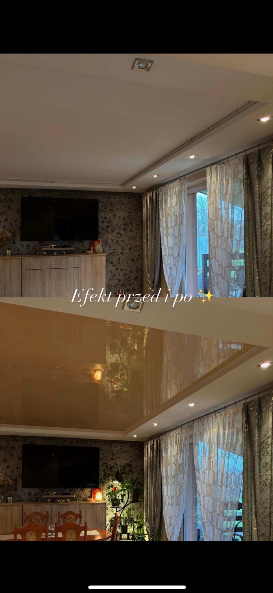 Efekt 'przed i po' prezentujący montaż błyszczącego sufitu napinanego w salonie z oknem i telewizorem. Górna część zdjęcia pokazuje sufit przed montażem.