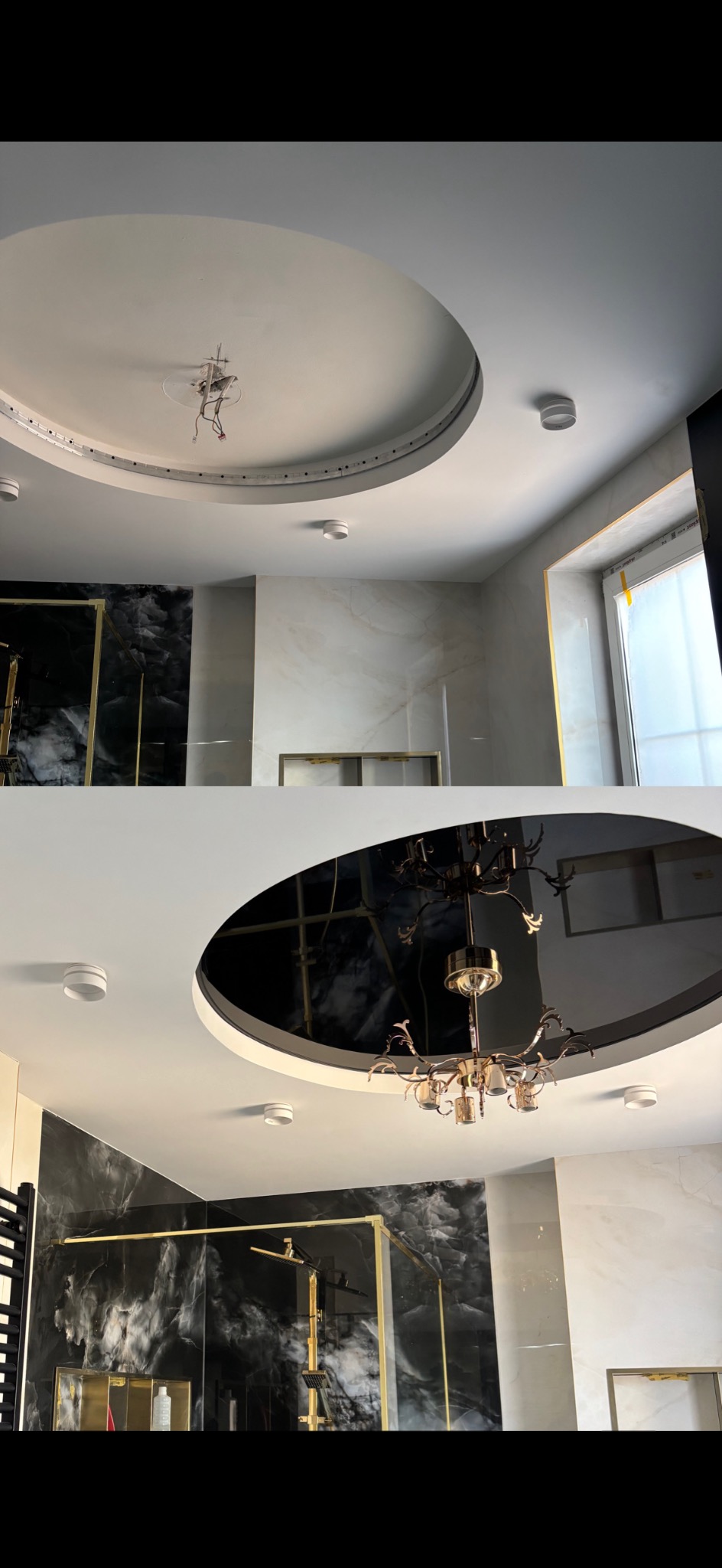 Dwa ujęcia tej samej łazienki: przed i po remoncie. Widoczna zmiana sufitu z okrągłą wnęką i oświetleniem LED oraz montaż eleganckiego żyrandola. Nowe płytki na ścianach.