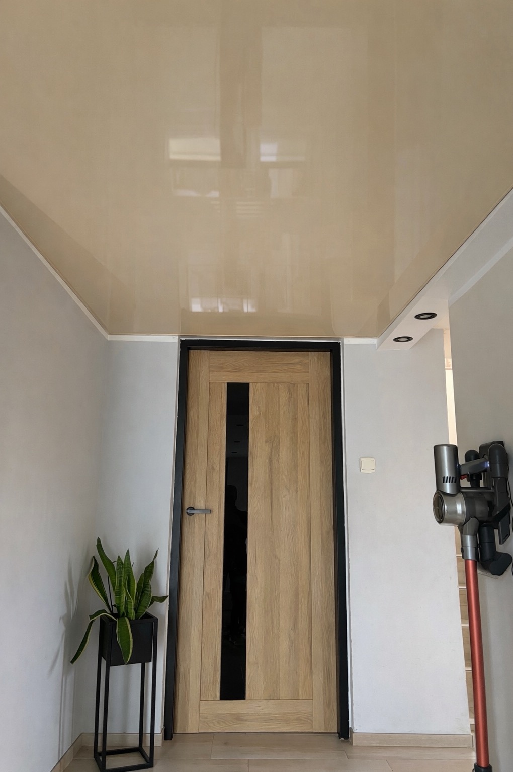 Beżowy sufit napinany z połyskiem, odbijający światło, nad drewnianymi drzwiami z czarną wstawką. Minimalistyczne wnętrze z rośliną i odkurzaczem.
