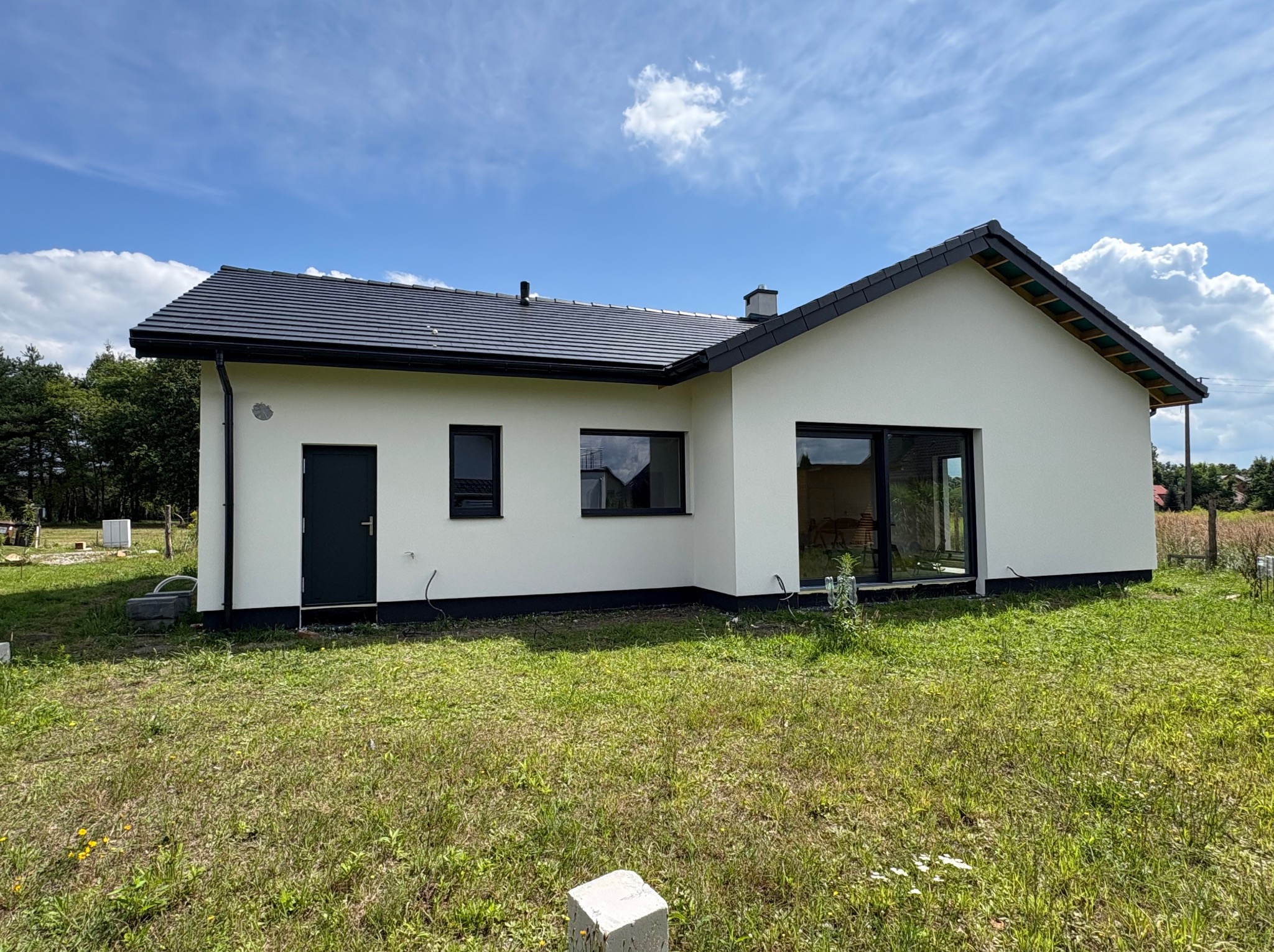 Nowoczesny dom jednorodzinny z białymi ścianami i ciemną dachówką, otoczony zielonym trawnikiem w słoneczny dzień. Widoczne okna i drzwi w ciemnej ramie.