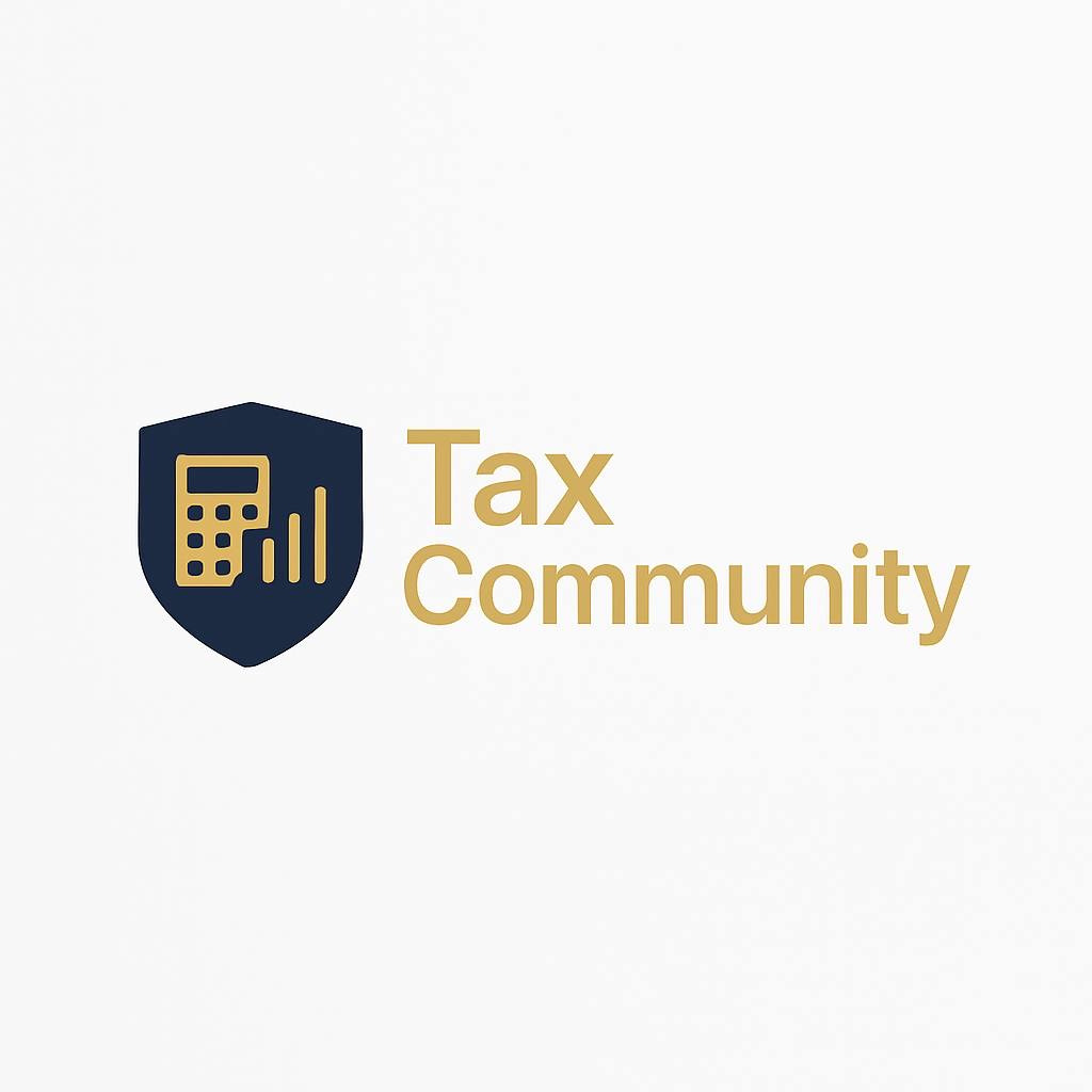 Logo Tax Community: granatowa tarcza z złotym kalkulatorem i wykresem słupkowym, obok złoty napis 'Tax Community' na białym tle.