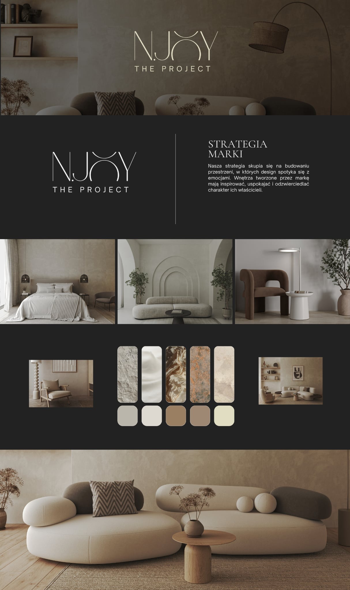 Prezentacja marki wnętrzarskiej NJOY: logo, strategia marki, wizualizacje wnętrz w stonowanej kolorystyce, paleta barw. Minimalizm i elegancja w każdym detalu.