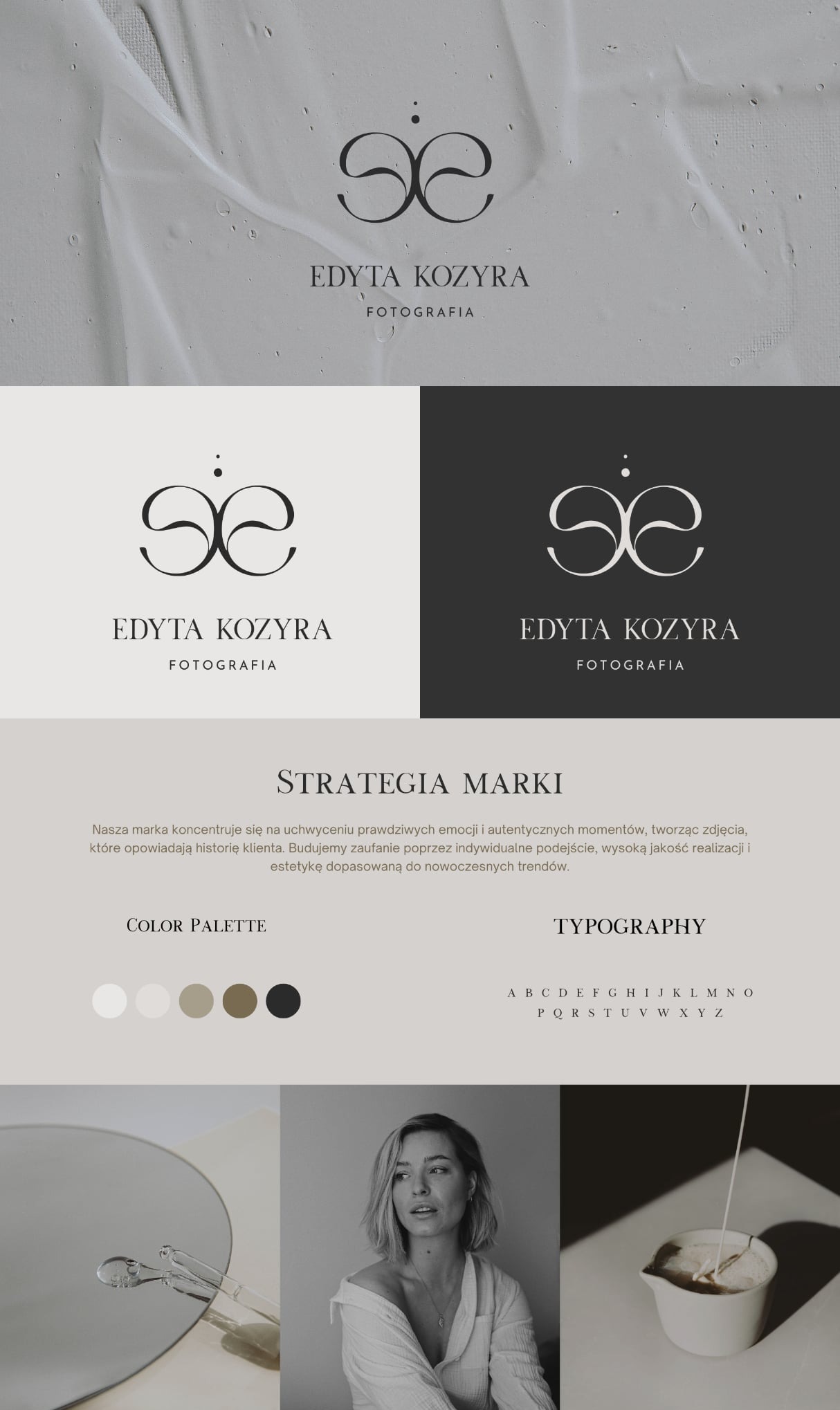 Prezentacja identyfikacji wizualnej marki Edyta Kozyra Fotografia: logo w różnych wariantach kolorystycznych, paleta barw, typografia i zdjęcia w spójnej stylistyce.