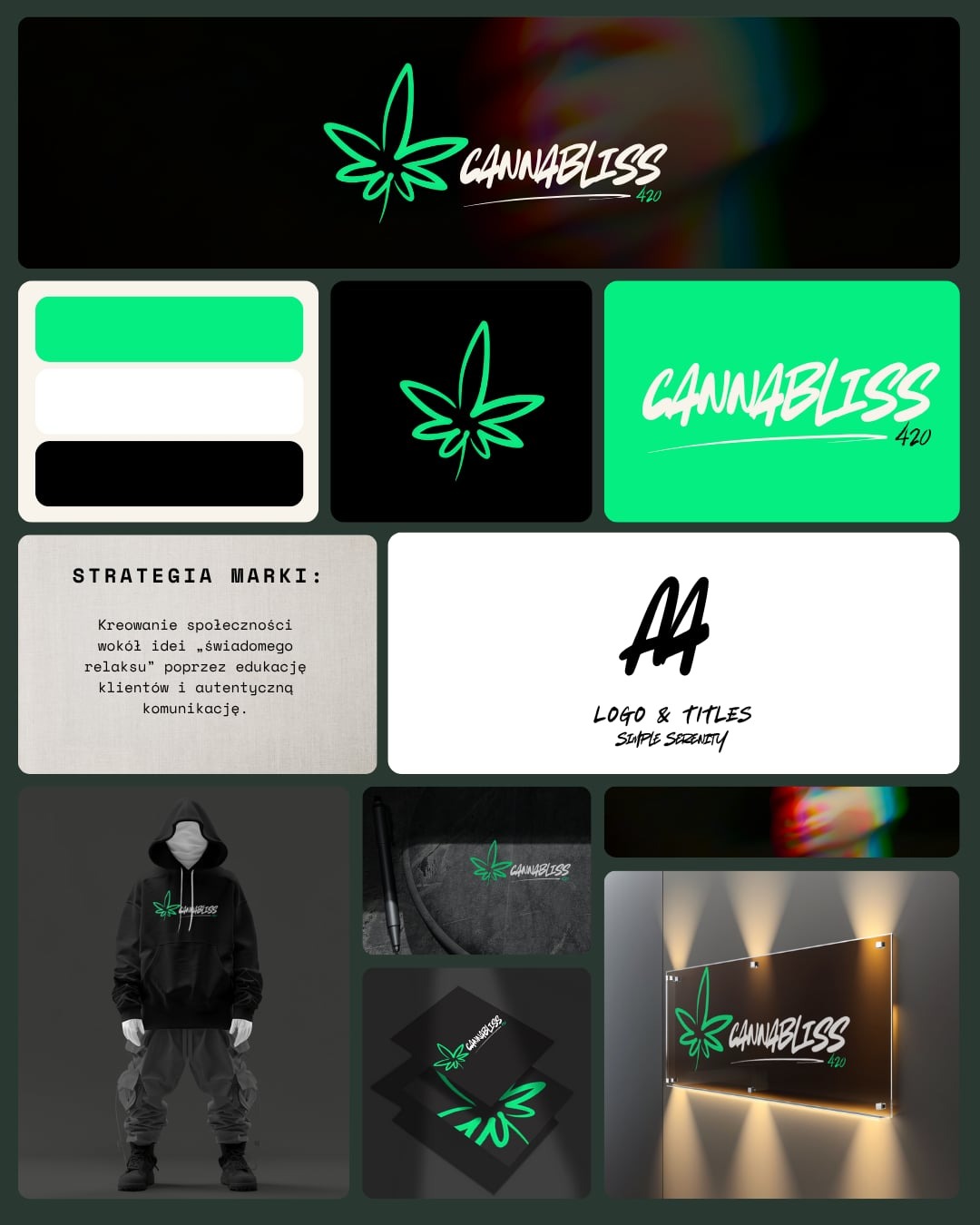 Prezentacja logo Cannabliss 420: wizualizacje na odzieży, wizytówkach, szyldzie, paleta barw i strategia marki. Zielony motyw liścia konopi na czarnym tle.