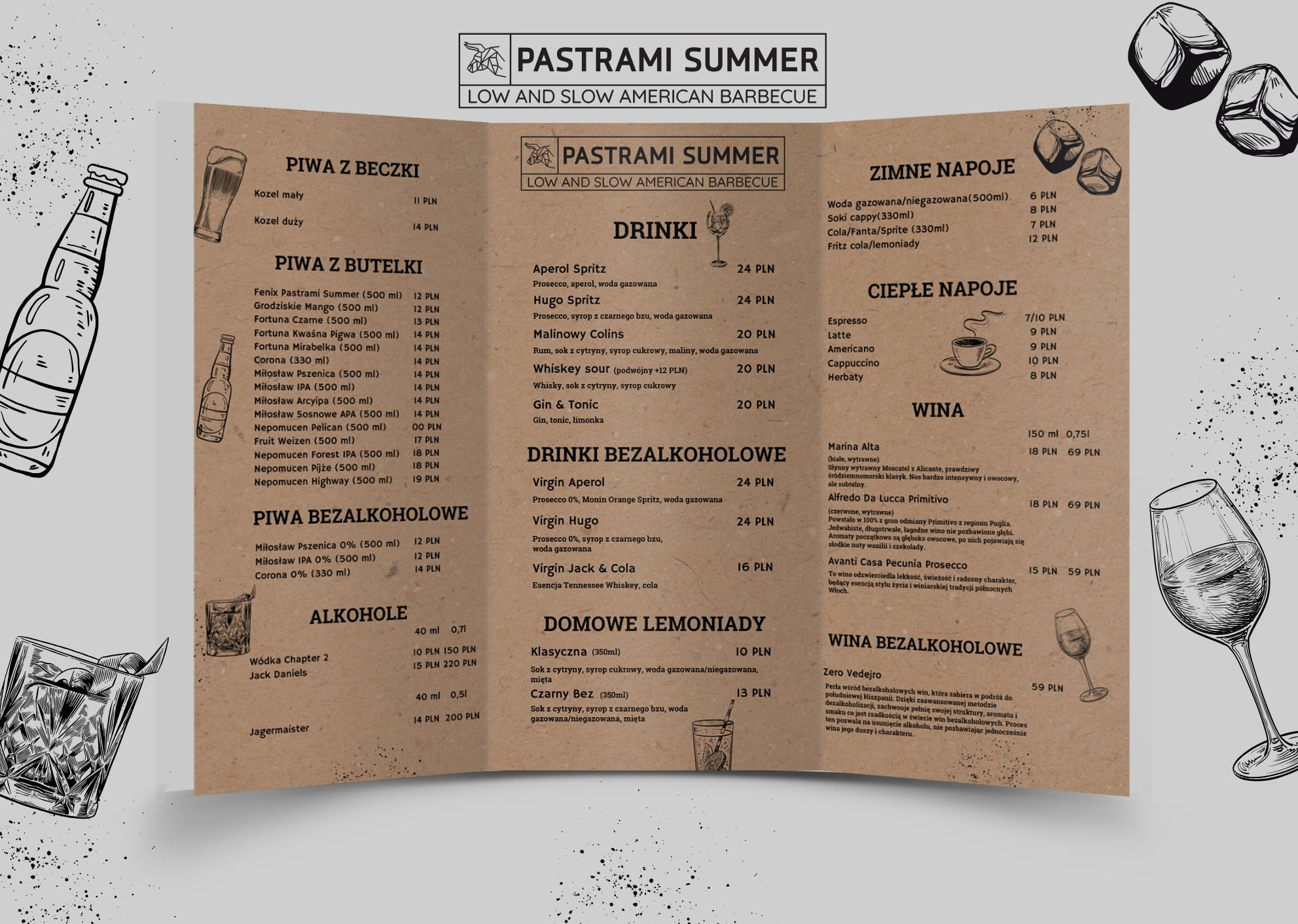 Menu restauracji Pastrami Summer z ofertą piw, drinków alkoholowych i bezalkoholowych, win oraz domowych lemoniad, prezentowane w formie grafiki.
