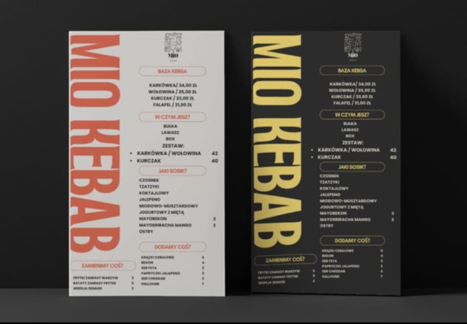 Dwa projekty menu restauracji MIO KEBAB: jasny i ciemny, z listą składników i cen. Nowoczesny design z wyraźną typografią i minimalistyczną estetyką.