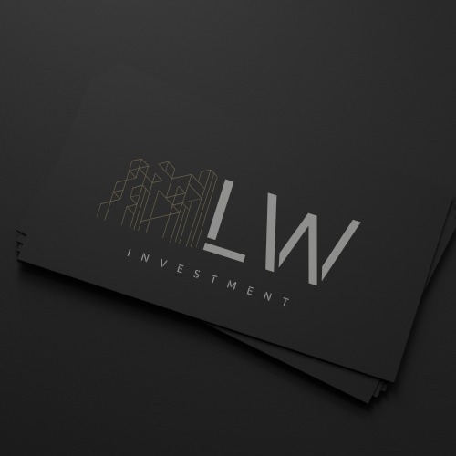 Eleganckie wizytówki firmy inwestycyjnej LW na ciemnym tle, z minimalistycznym logo przedstawiającym budynki i napis 'INVESTMENT'.