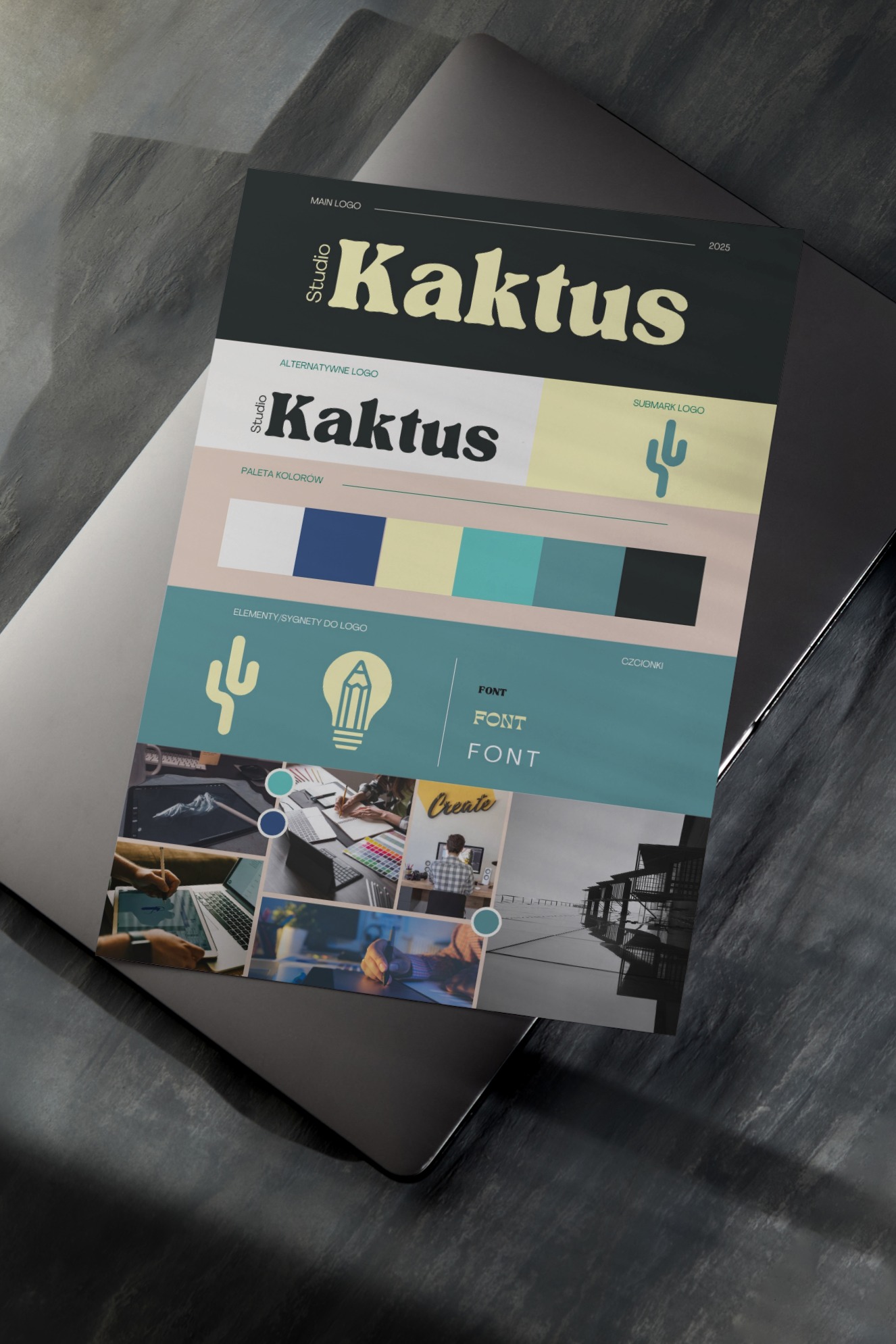 Prezentacja identyfikacji wizualnej marki Kaktus na laptopie. Paleta kolorów, logo główne i alternatywne, submarka, typografia. Elementy graficzne w spójnej stylistyce.