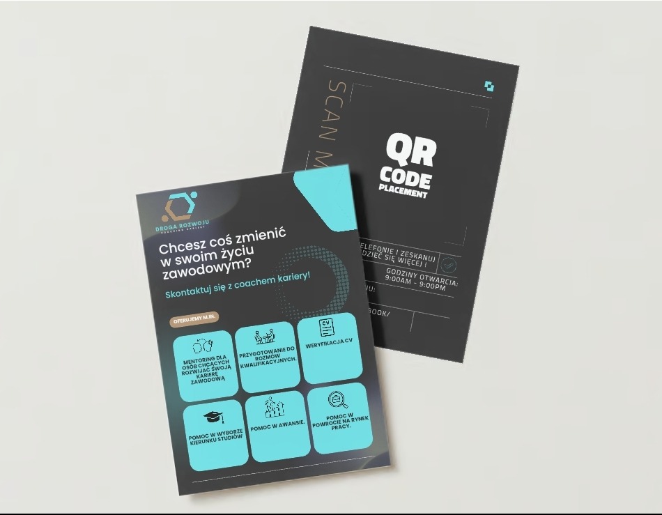 Dwie ulotki reklamowe z ofertą coachingu kariery i doradztwa zawodowego. Na jednej QR kod i godziny otwarcia, na drugiej ikony usług i hasło: Zmień coś w życiu zawodowym.