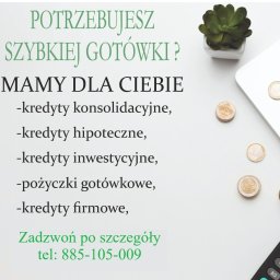 SPARTA AUTO SP Z O.O. - Oferta kredytowa: tekst z listą kredytów (konsolidacyjny, hipoteczny, inwestycyjny, gotówkowy, firmowy) na białym tle z kalkulatorem, monetami euro i laptopem.