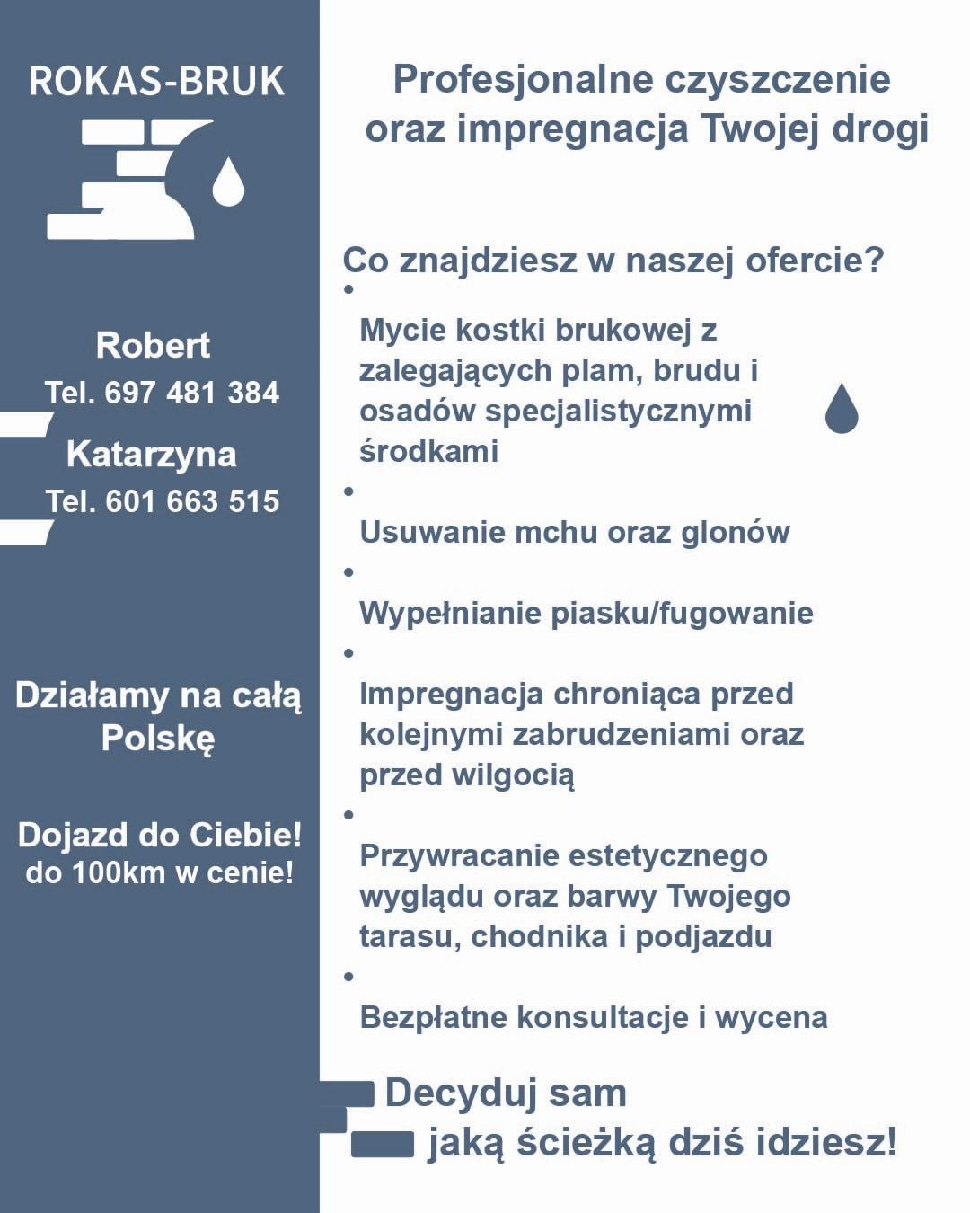 Grafika reklamowa firmy Rokas-Bruk oferującej profesjonalne czyszczenie i impregnację dróg, mycie kostki brukowej, usuwanie mchu, fugowanie i darmowe wyceny.