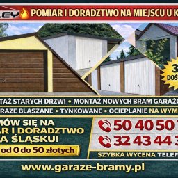 Henryk Rolka - Kompozycja zdjęć garaży blaszanych z różnymi bramami, oferta montażu i demontażu, 30 lat doświadczenia, kontakt telefoniczny i adres strony internetowej.