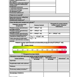 PIOTR LACH - Wypełniony wzór świadectwa charakterystyki energetycznej budynku z tabelami, polami do wpisania danych i wykresem zużycia energii.
