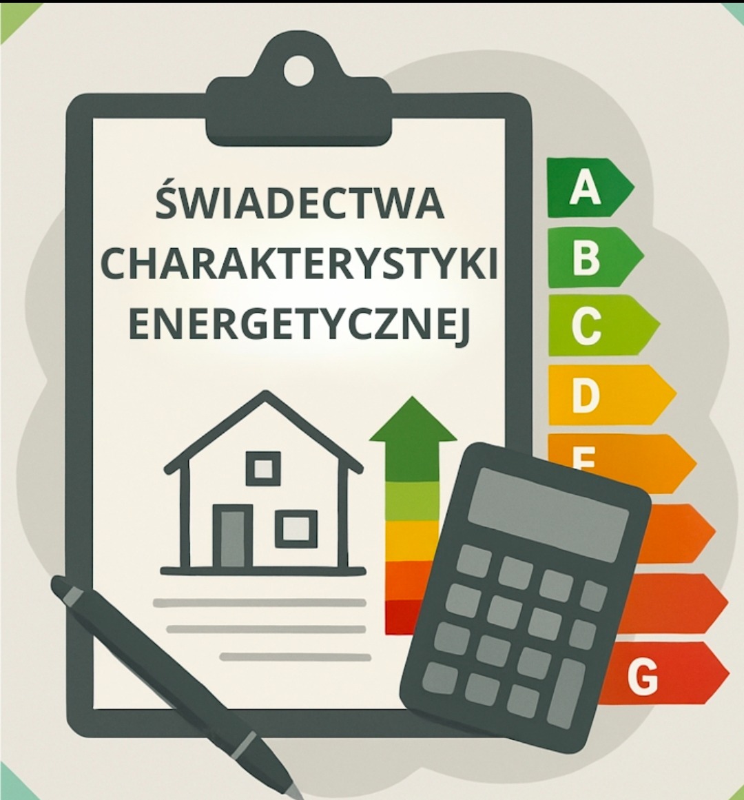 Ilustracja świadectwa charakterystyki energetycznej z oceną A-G, kalkulatorem i rysunkiem domu, na podkładzie z klipsem i długopisem. Grafika informacyjna.