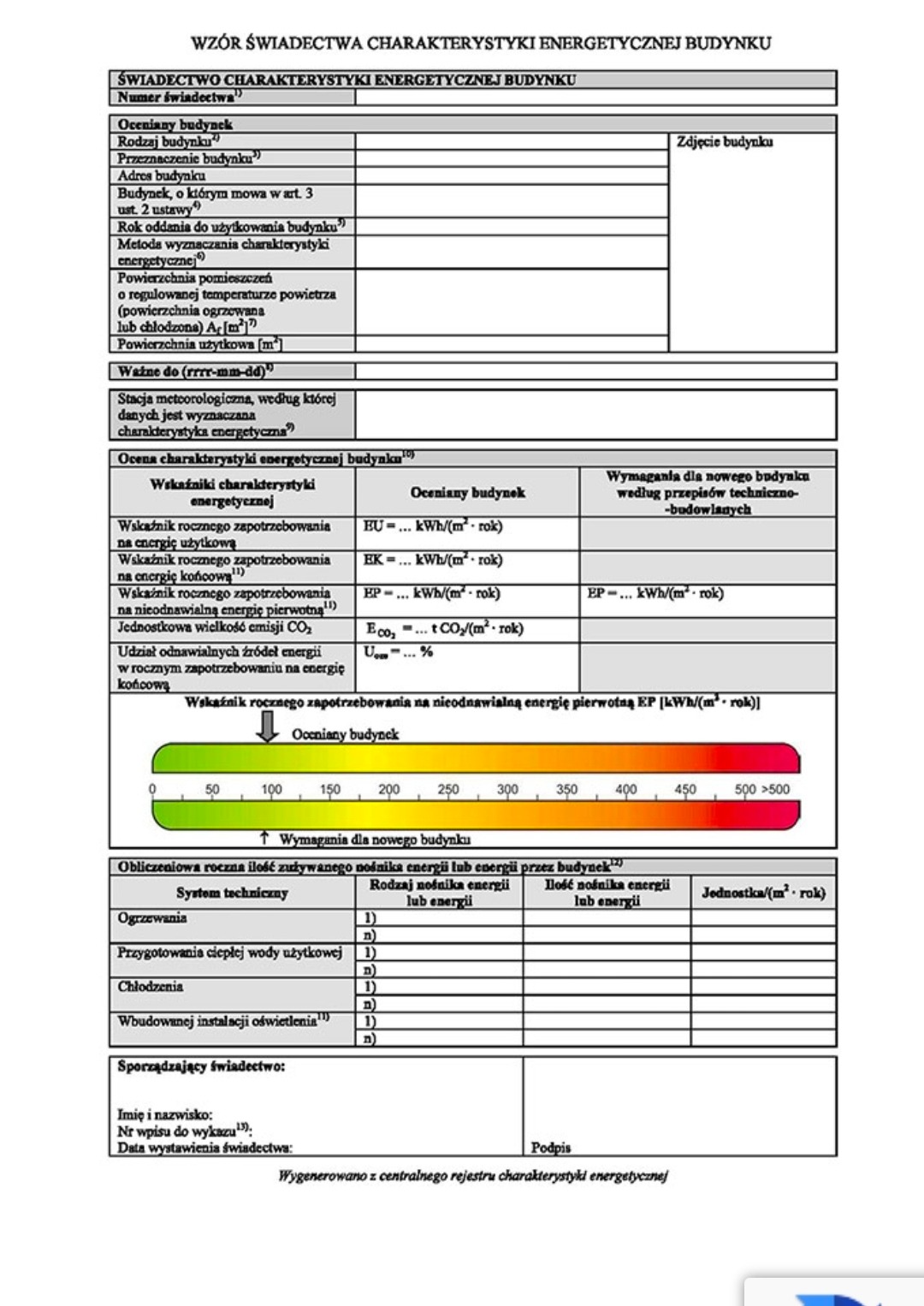 Wypełniony wzór świadectwa charakterystyki energetycznej budynku z tabelami, polami do wpisania danych i wykresem zużycia energii.