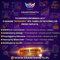 EraInternetu - Grafika reklamowa firmy EraInternetu z Nowej Erze. Oferta obejmuje strony WWW, e-commerce, social media, kampanie Ads, SEO, design, logo, montaż wideo i audyty.