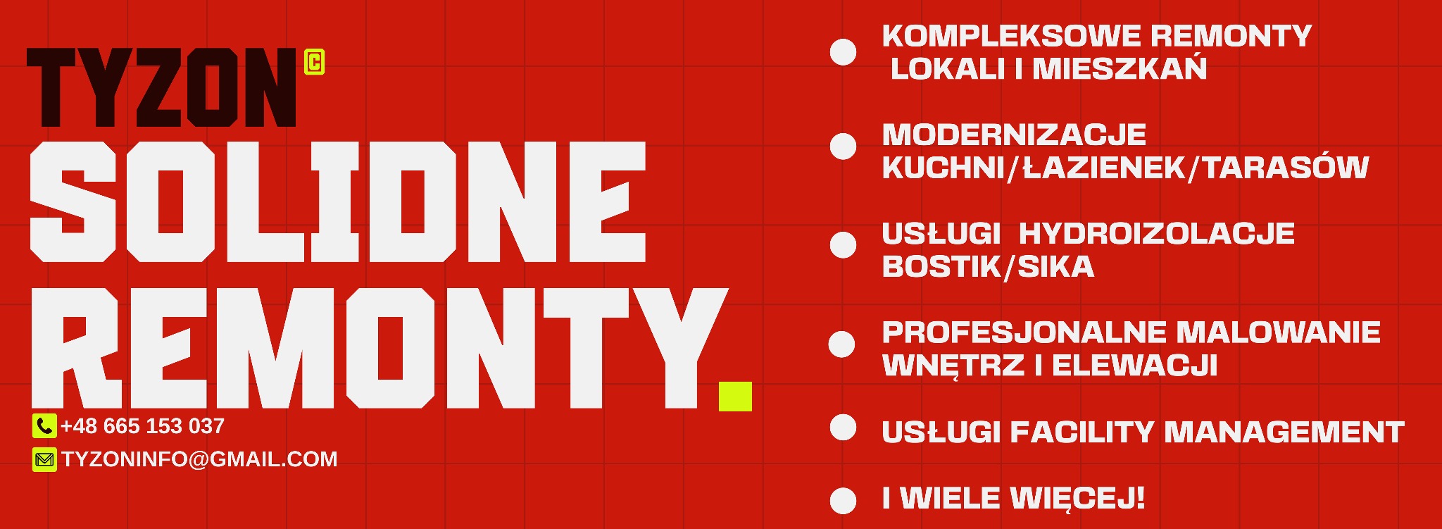 Grafika z nazwą firmy TYZON i hasłem 'Solidne Remonty'. Oferta obejmuje kompleksowe remonty, modernizacje, hydroizolacje, malowanie wnętrz i elewacji oraz facility management.