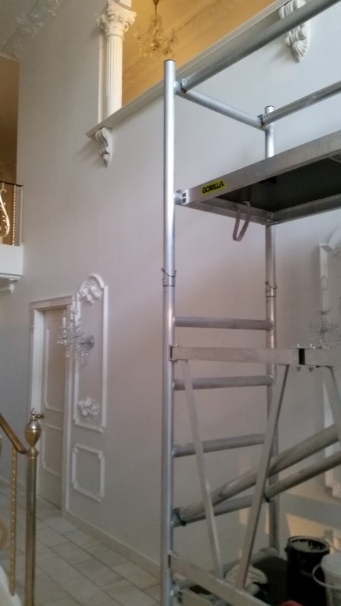 Wnętrze z dekoracyjnymi sztukateriami i kolumną, świeżo pomalowane na jasny kolor. Widoczne rusztowanie malarskie, sugerujące prace wykończeniowe w eleganckim pomieszczeniu.