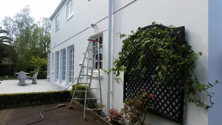 Biała fasada domu po malowaniu, z drabiną opartą o ścianę obok okna. Na ścianie ozdobna krata z roślinami. Widoczny fragment ogrodu z meblami.