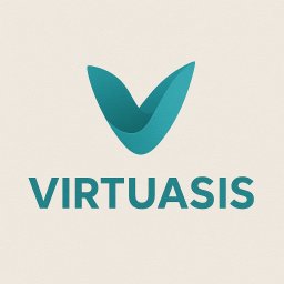Progressio Anna Pasternak - Turkusowe logo 'Virtuasis' na kremowym tle. Logo przedstawia abstrakcyjny symbol w kształcie litery V, z efektem trójwymiarowości, umieszczony nad nazwą firmy.