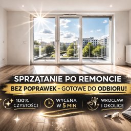B8 Property Group - Wnętrze po sprzątaniu po remoncie we Wrocławiu: jasne, puste pomieszczenie z parkietem, balkonem i widokiem na miasto. Czystość i gotowość do odbioru.