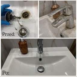 B8 Property Group - Umywalka łazienkowa przed i po czyszczeniu: widoczne osady i brud usunięte, armatura błyszcząca. Porównanie stanu przed i po interwencji.