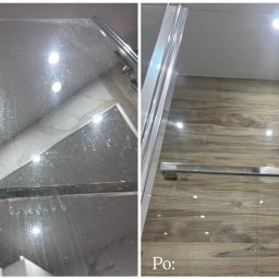 B8 Property Group - Kabina prysznicowa: po lewej brudna, po prawej lśniąca czystością. Efekt mycia kabiny prysznicowej, prezentacja stanu przed i po usłudze.