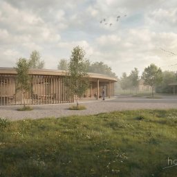 FRONT Budownictwo Kamil Zborowski - Wizualizacja budynku z drewnianą elewacją i zagospodarowanym terenem zielonym. Kobieta pielęgnuje rośliny na pierwszym planie. Ujęcie z niskiej perspektywy.