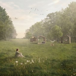 FRONT Budownictwo Kamil Zborowski - Projekt ogrodu z drewnianymi pawilonami: kobieta siedzi na trawie, w tle osoby w pawilonach, samolot na niebie, miękkie światło, spokojna atmosfera.