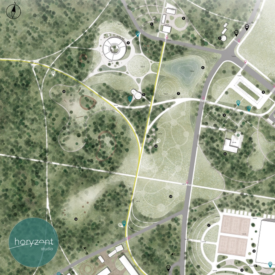 Plan zagospodarowania przestrzennego parku z zaznaczonymi ścieżkami, budynkami i zielenią, widok z góry, w lewym dolnym rogu logo studia projektowego.