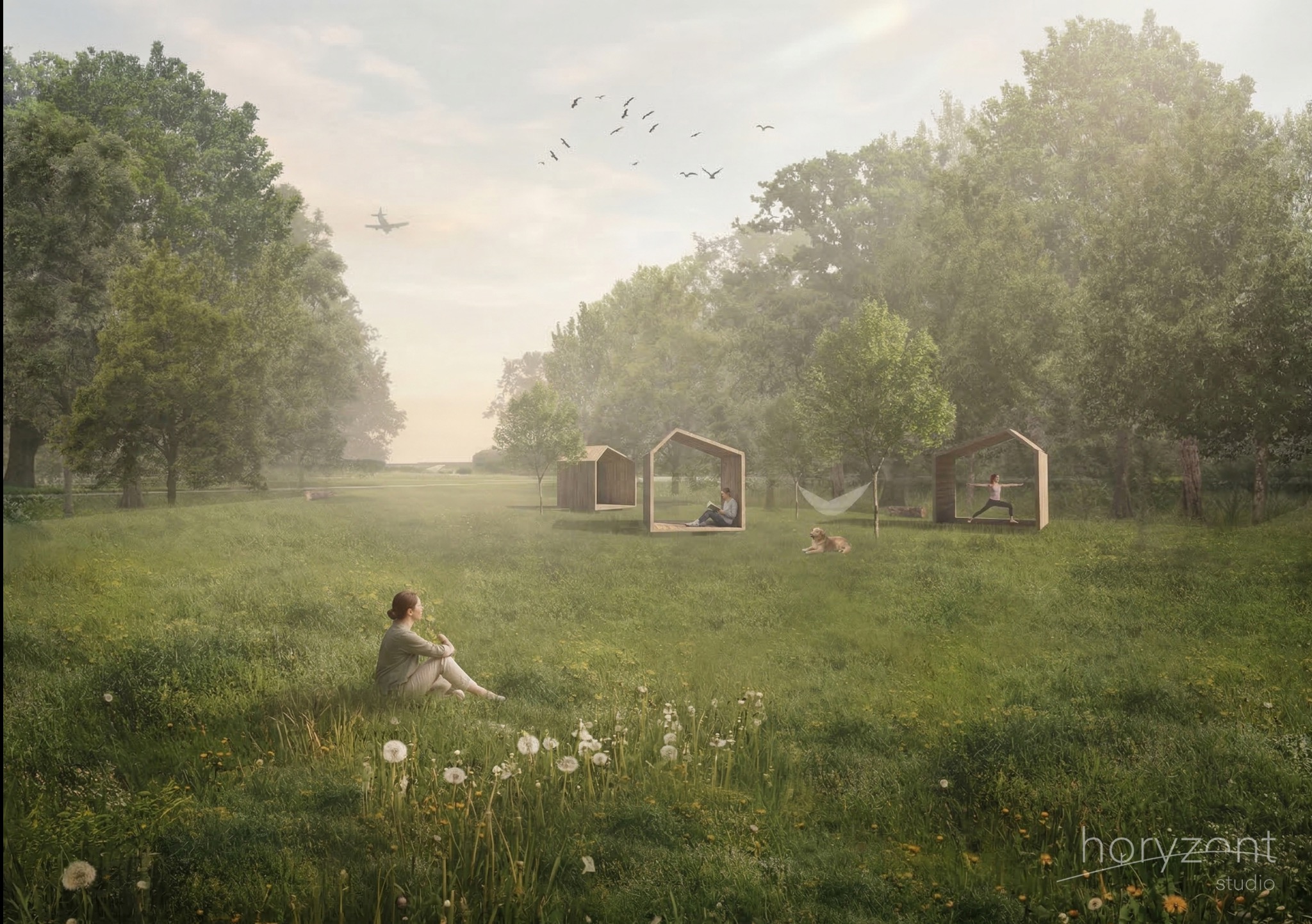 Projekt ogrodu z drewnianymi pawilonami: kobieta siedzi na trawie, w tle osoby w pawilonach, samolot na niebie, miękkie światło, spokojna atmosfera.