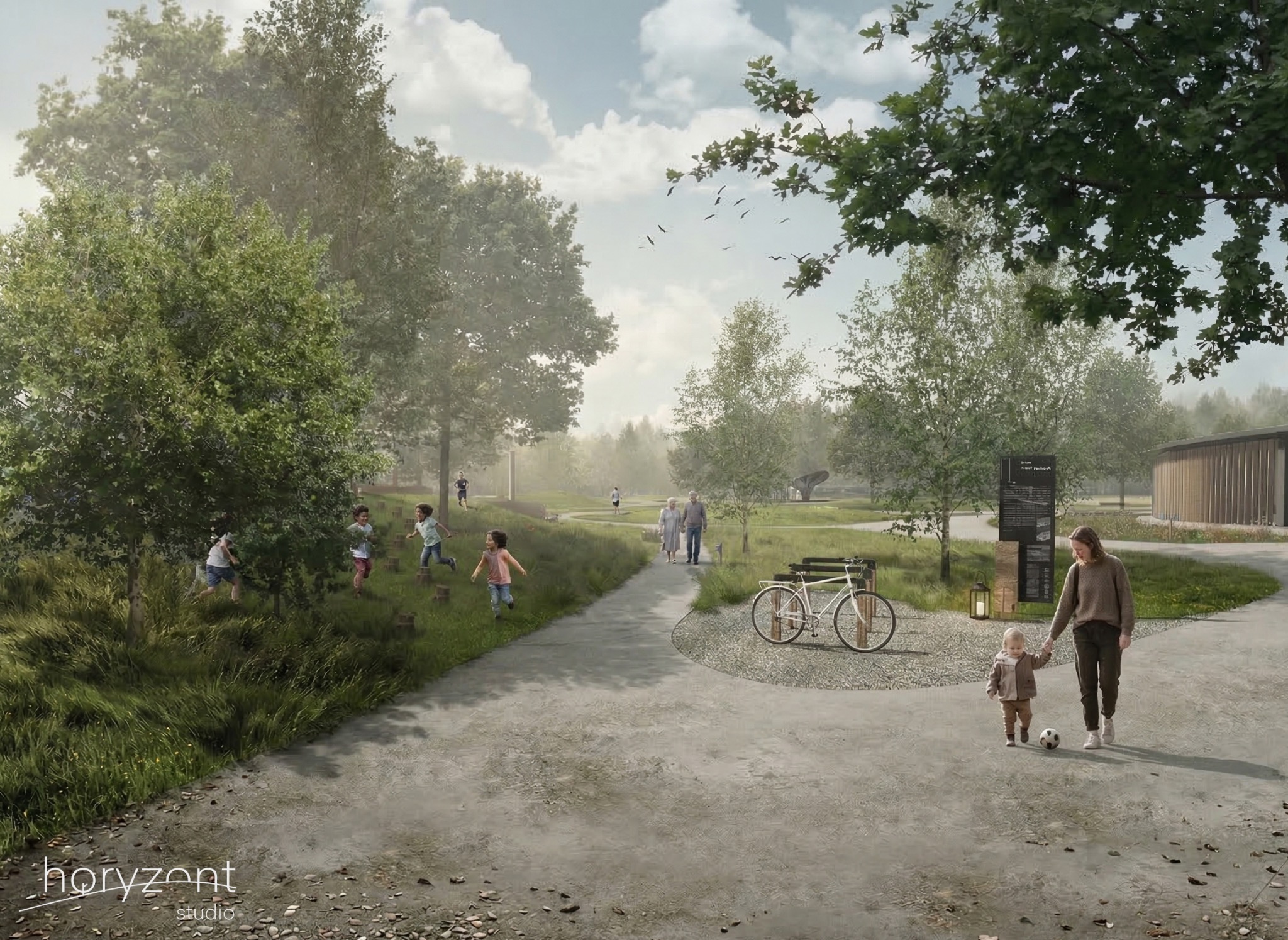 Wizualizacja parku miejskiego z alejkami, zielenią, bawiącymi się dziećmi i dorosłymi. Na pierwszym planie kobieta z dzieckiem i rower oparty o ławkę. Projekt zagospodarowania terenu.
