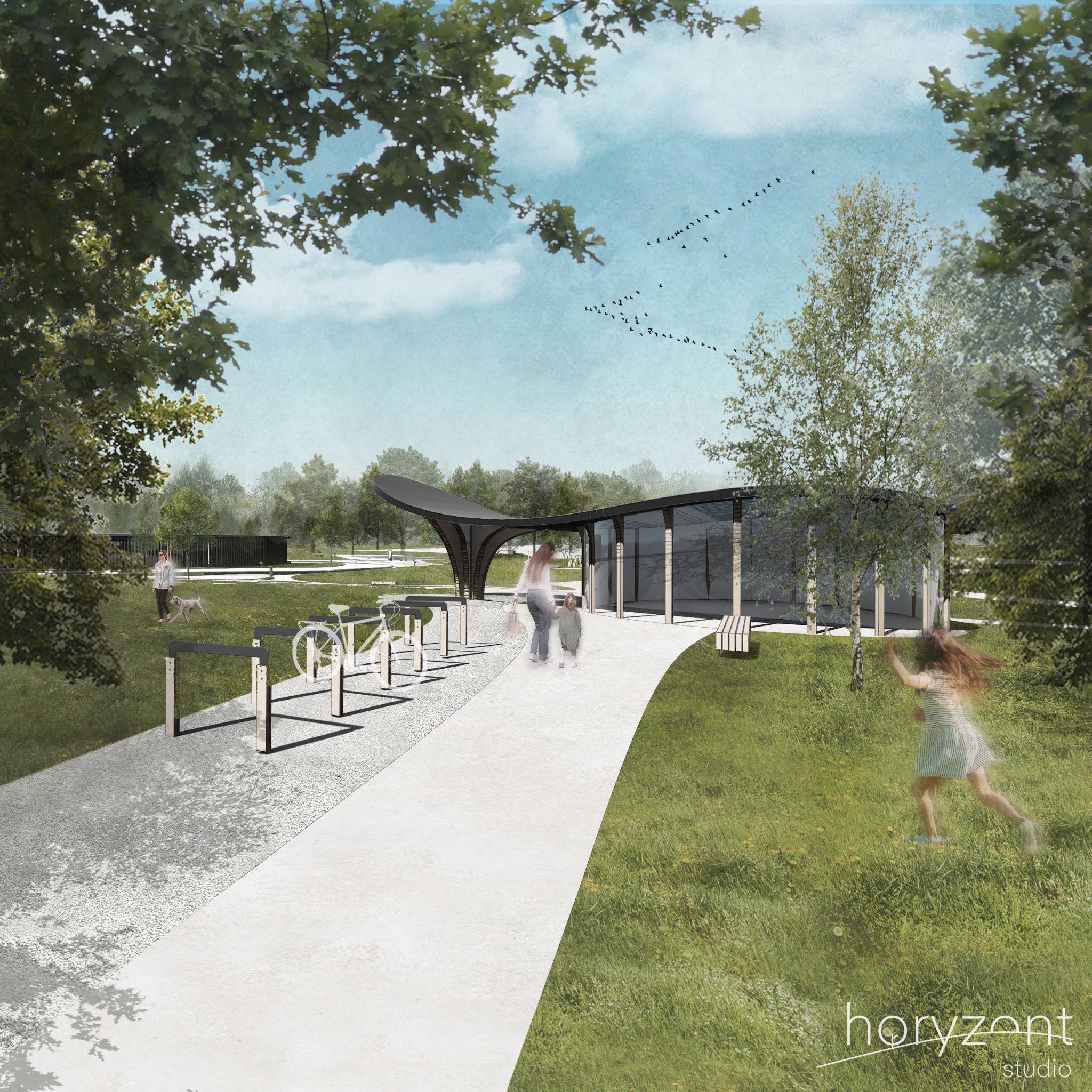 Wizualizacja nowoczesnego pawilonu parkowego z czarnym, falistym dachem, ścieżką, stojakami na rowery i bawiącą się dziewczynką na trawie. Projekt w naturalnym otoczeniu.