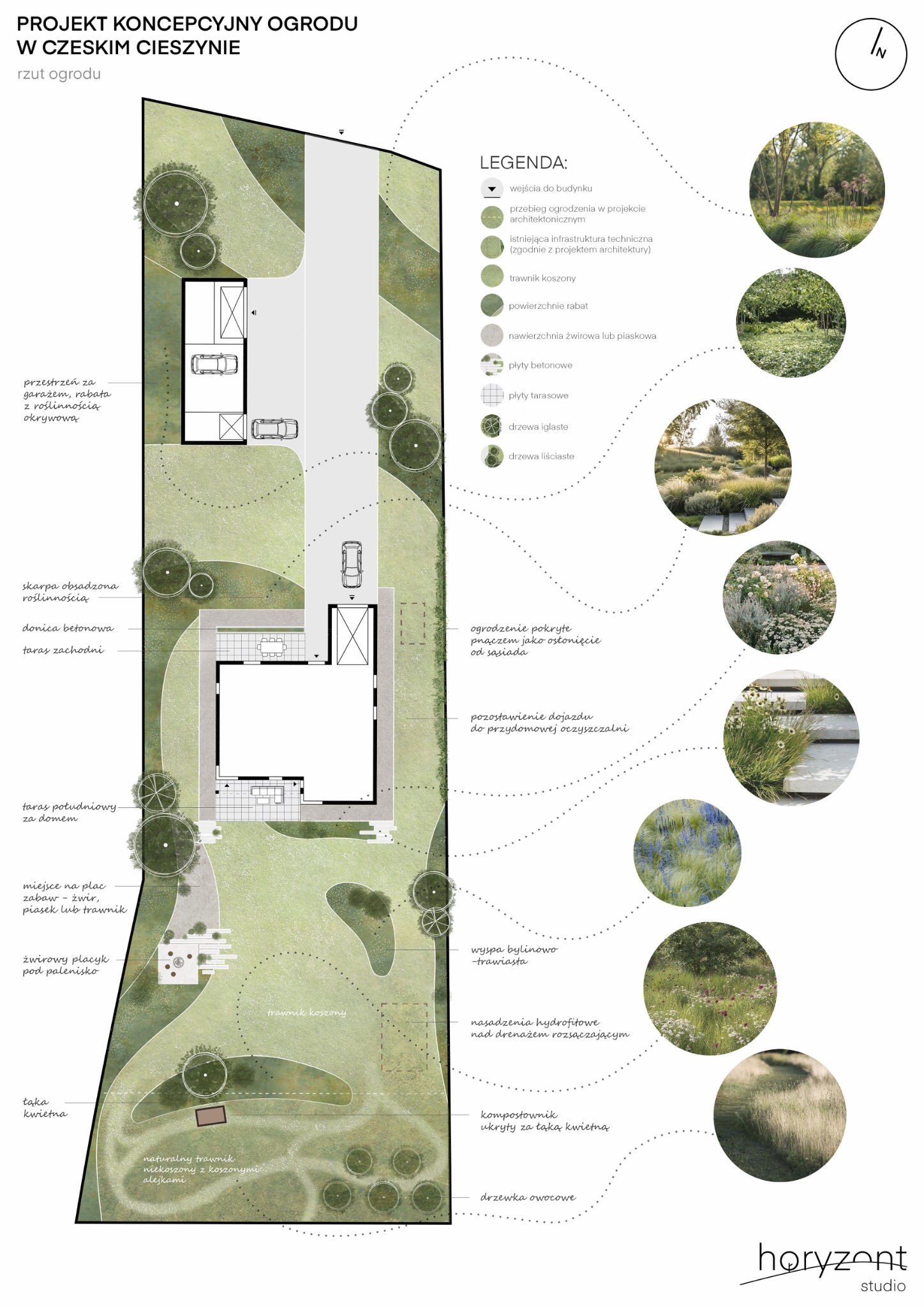 Projekt koncepcyjny ogrodu w Czeskim Cieszynie. Rzut z góry prezentuje rozplanowanie przestrzeni z legendą opisującą elementy: trawnik, rabaty, nawierzchnie, drzewa.